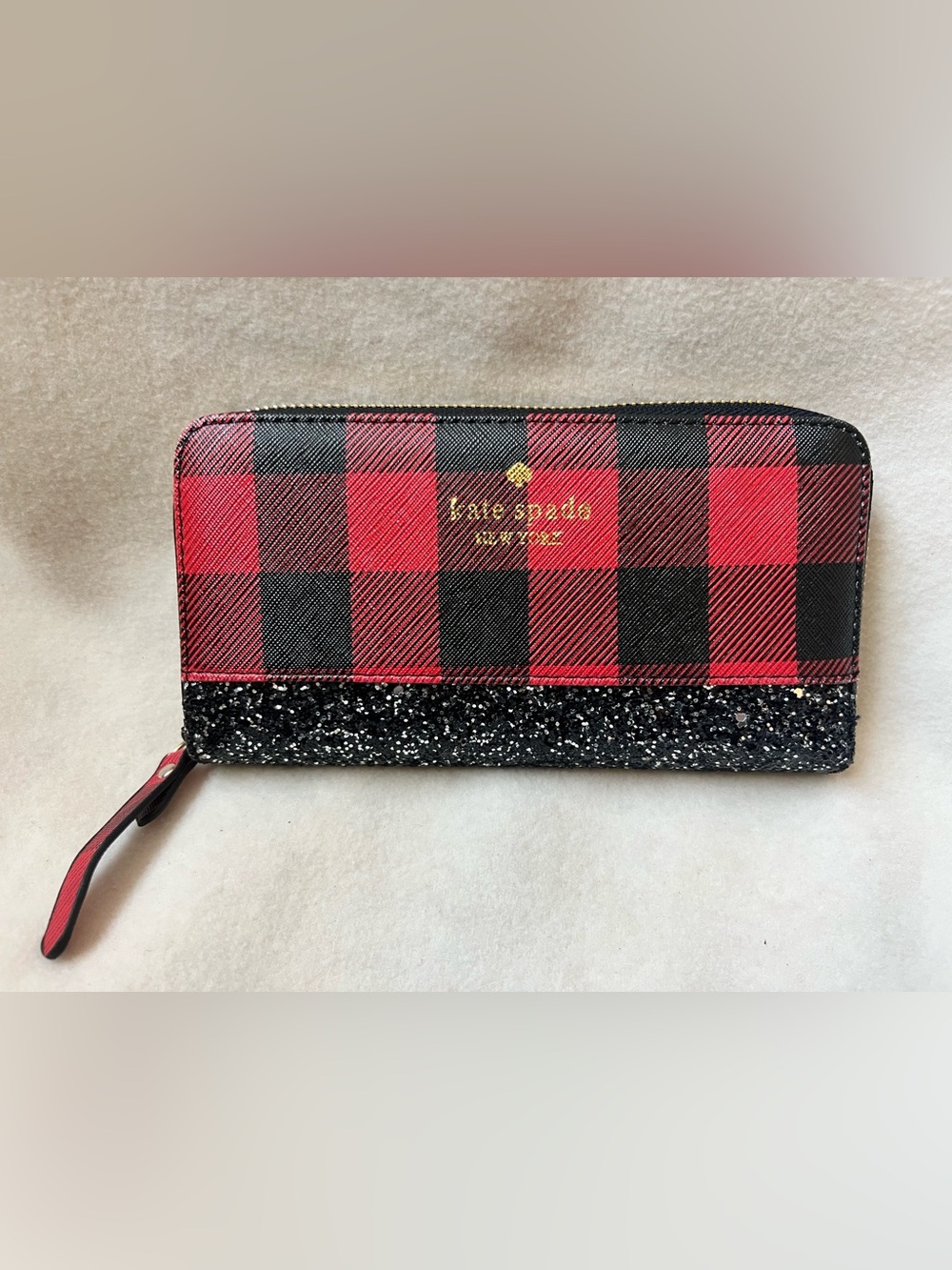 Kate Spade Greta Court Buffalo Plaid Glitter Zip Around Continental Wallet